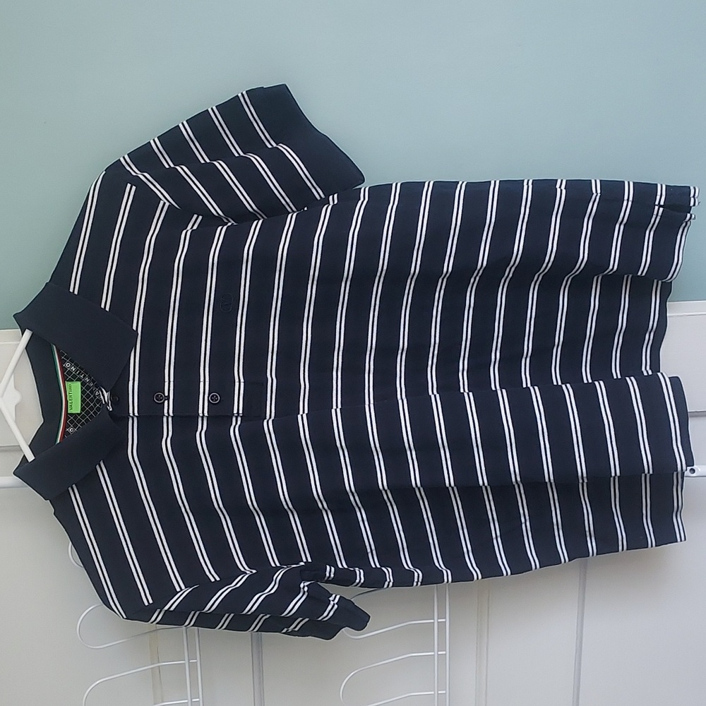 Valentino 100% Mercerized Cotton Navy & White Stripe Polo Shirt Short Sleeve